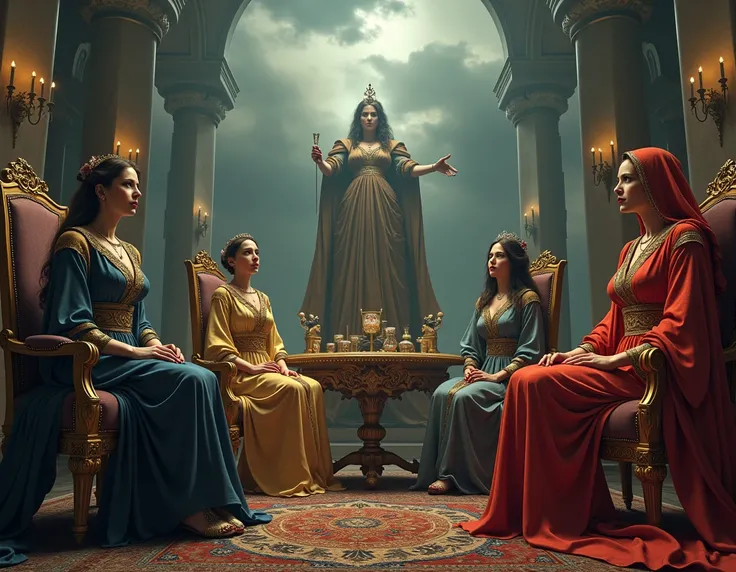 /imagine prompt: A scene featuring the four women, each depicted in a distinct style that reflects their stories: Jezebel on a luxurious throne with Phoenician idols in the background, Herodias at a somber banquet with Salome at her side, Potiphars wife ho...