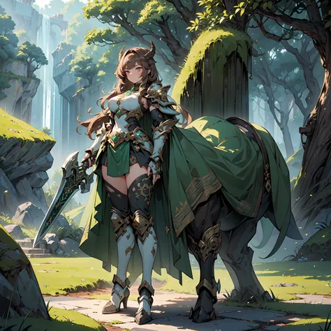 (((masterpiece, best quality, high detailed, 16k))) (1girl) A powerful, grounded female warrior with long, flowing brown hair, her emerald eyes reflecting her connection to nature. Her heavy armor is made of stone and moss, intricately designed with bull m...