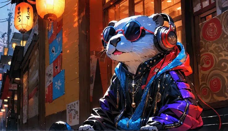 The otter, dressed in a hip-hop outfit with headphones and dark sunglasses, has a cool expression as it sits on stairs, Sitting in front of a Japanese noodle shop