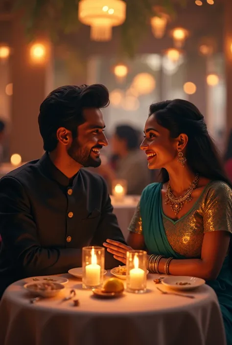 A couple in blue sarees and black Punjabi are talking in a nice restaurant.