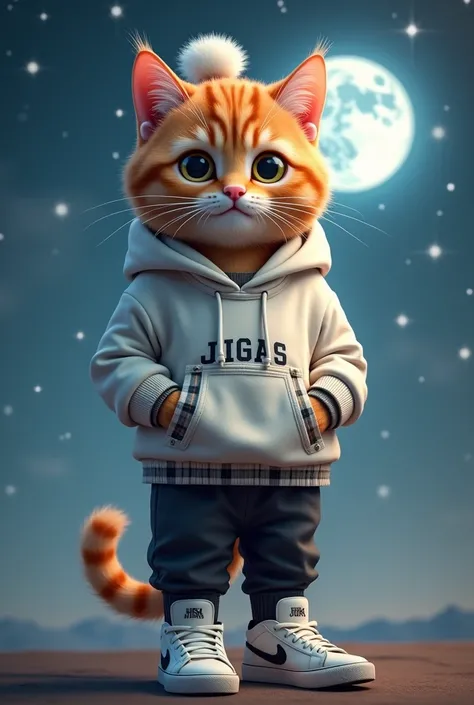 A cute and expressive cat with orange fur , wearing a set of human-style clothing .  He is dressed in a white hoodie with plaid details and a white pompom on the top of the hood.  The cat also wears matching black pants and white sneakers with black detail...