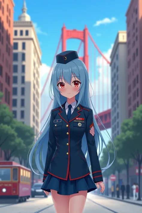 Female, anime, long haired,  light blue hair color, red eyes, dressed as an American soldier . 
 On a walk in the city of San Francisco