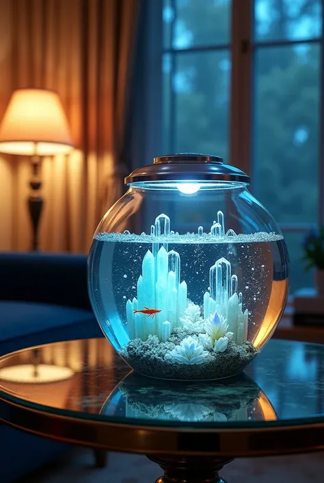 "Create an image of a small aquarium placed inside a beautifully decorated room. The aquarium features a single small shrimp swimming gracefully. Inside the aquarium, design a detailed scene of a crystal cave located in Chihuahua, Mexico. Include elements ...