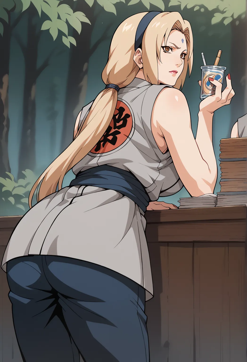 fraction_9, fraction_8_up, fraction_7_up, rest, fraction_9, copy tsunade, blond, long hair, low double ponytail, hairband,  brow...