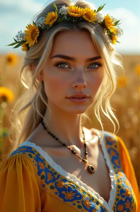 "Create a stunning, captivating portrait of a beautiful woman inspired by Ukrainian culture, with a confident and subtle seductive aura. she has striking features such as piercing blue or green eyes and a warm, natural glow. her outfit combines traditional...