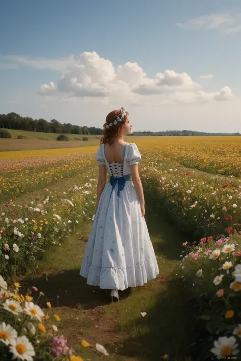 There is a girl standing in a flower field looking up at the sky, a girl standing in a flower field, a girl walking in a flower field, lost in a dreamy wonderland, standing in a flower field, fantastic digital painting, the sky gradually clears, the starry...