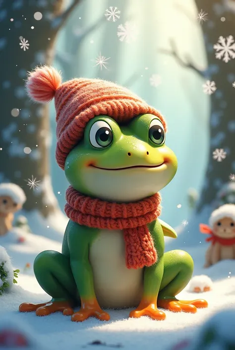 Disney Pixar style  , snakes tale ,  magic,    Large snowflakes,   sunlight illustration by Ren  ,    cartoon лягушонок  смеётся ротик закрыт  in a knitted hat and scarf 