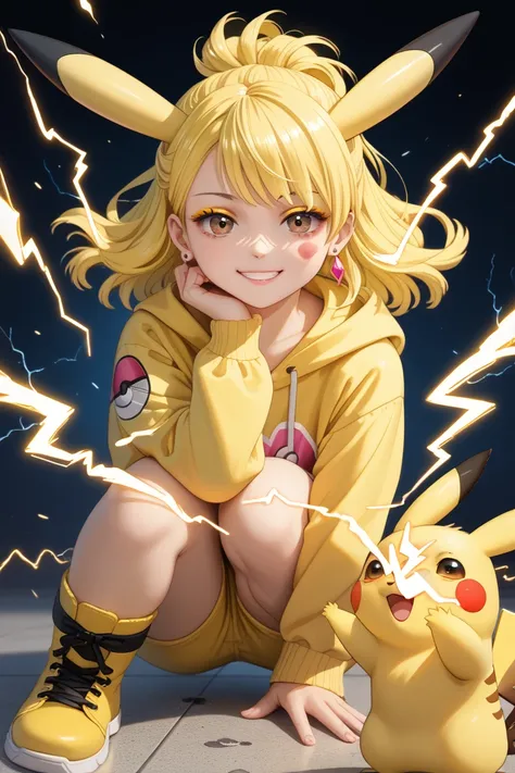 (masterpiece, best quality:1.2), (absurdres, highres, ultra-detailed), (perfect anatomy), 
1 Japanese (Pokémon pikachu) woman,((Pokémon pikachu)),
22yo,beautiful eyes00 , 
 ((multicolored hair , dark  yellow hair,   yellow hair,   light yellow hair)))
half...