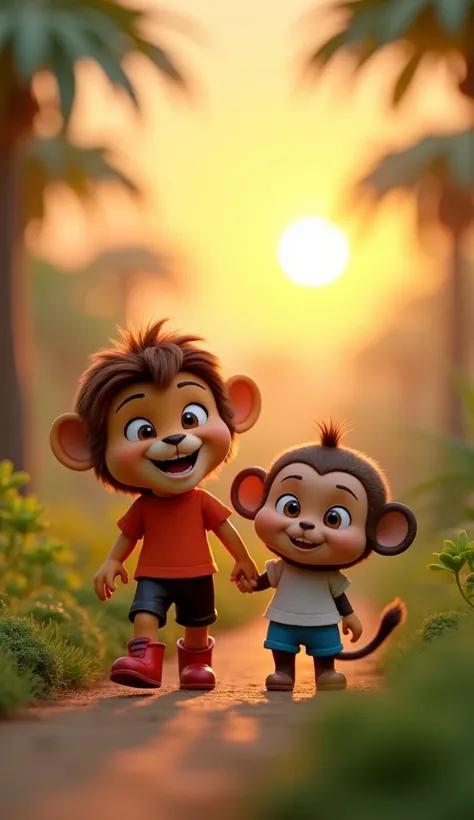 3D animation a cute baby lion cub,  medium size brown funcky hair a black shorts and red t-shirt. Red boot. And  3D animation a cute baby monkey cub,  medium size  a blue shorts and white t-shirt. 
The lion and the monkey laughing together, walking back to...