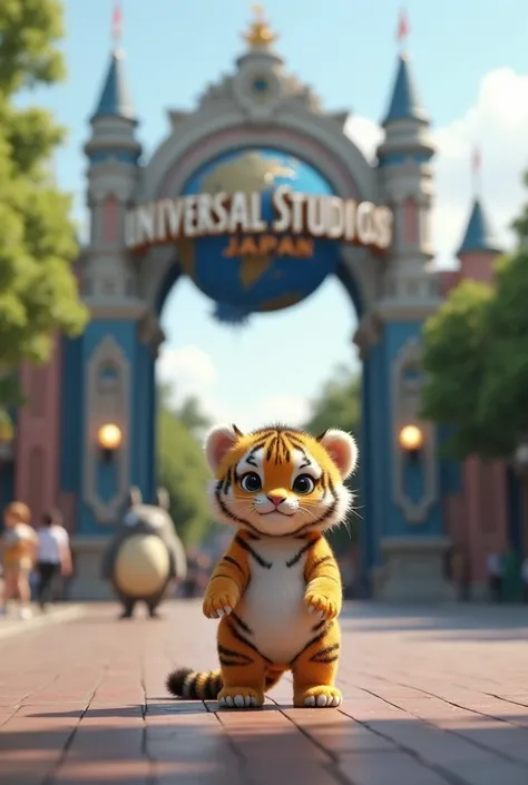  The entrance to Universal Studios Japan is in the background、 super high resolution photo real 、A super cute tiger baby、Stand like a human、Im wearing a Totoro costume 。 super real 