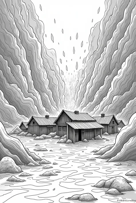 black and white drawing of a village getting buried in waves of lava