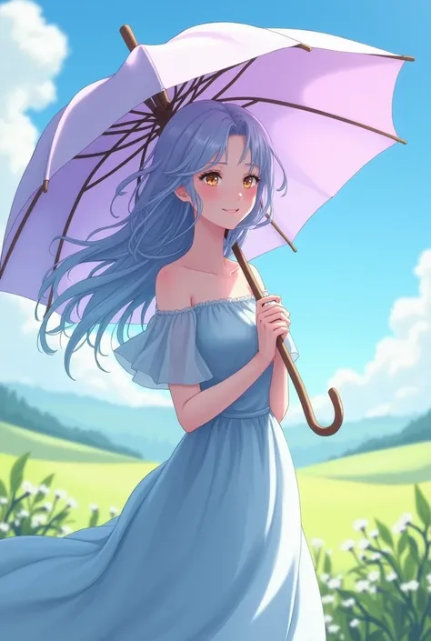  an older sister with loose hair holding a light lavender-colored parasol。
The dress is light light blue 