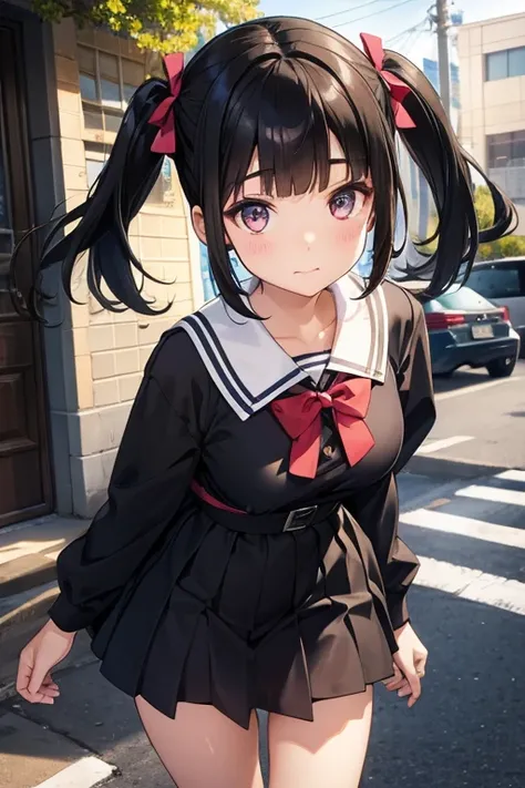  female middle school student、 black hair、Twintails、 dress