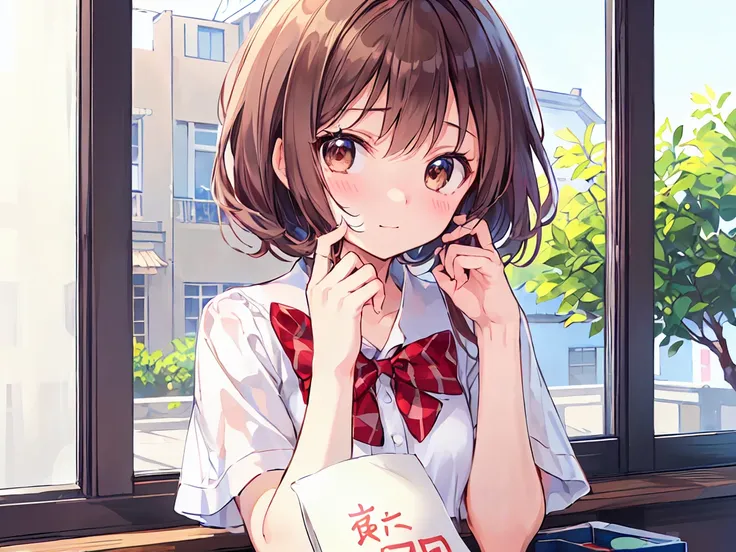 ()， best quality，  every detail of a beautiful face ，cute，  dark brown eyes，(背の低いcute女の子，Young student，Young and delicate girl）,（masterpiece， best quality)，  Brown Hair， her cheeks are slightly red and she looks embarrassed， white shirt short sleeve  ，Chec...