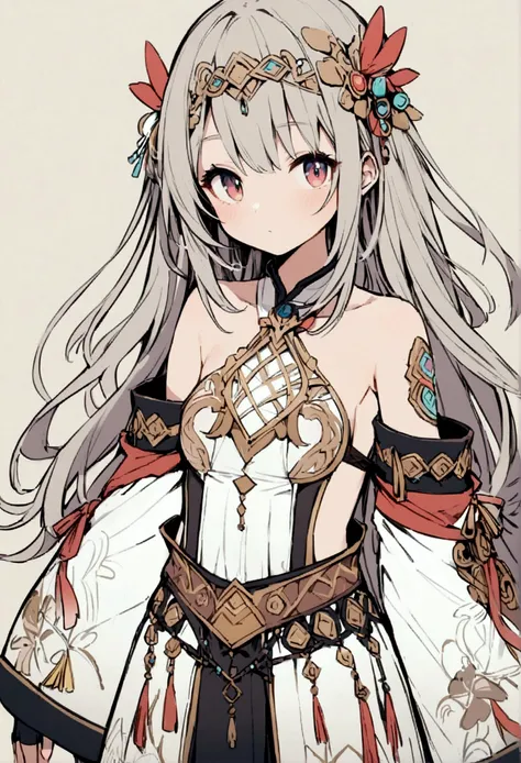 a very cute girl, a drawn character, a lot of details in clothes,bare shoulders, sleeve design, separate sleeves, fingerless glove design, sleeve with details