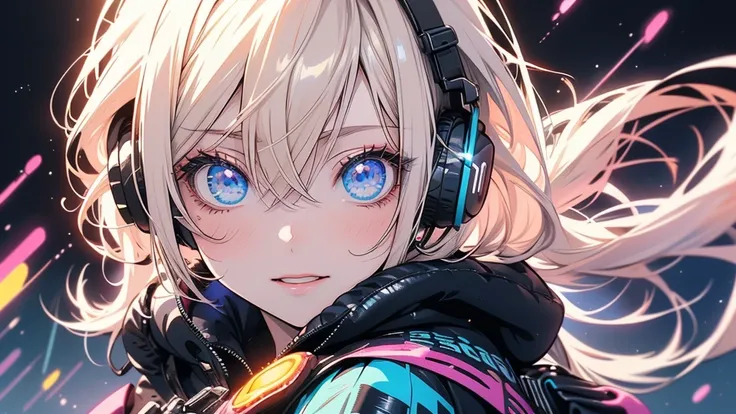 (masterpiece:1.4)、(Highest quality:1.4)、Anime girl with headphones and backpack looking at cell phone, Anime Style 4k, (Very delicate and beautiful face), (Beautiful eyes in every detail), デジタルAnime Art, Nightcore, Digital anime illustration, Anime Art, Su...