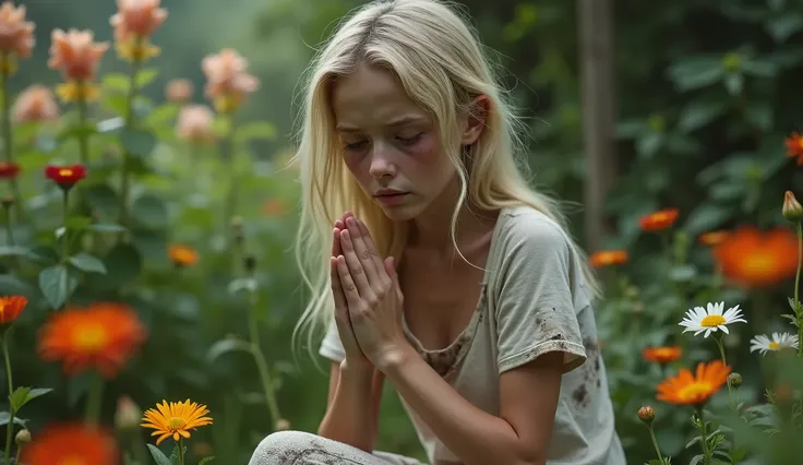 A blonde girl, , emaciated, wearing a tattered and very dirty white t-shirt, feeling sad, her dirty face while praying, elegantly wrapping her hands in a prayer position, hands raised in worship, tears glistening on her cheeks, sitting on A vibrant garden ...