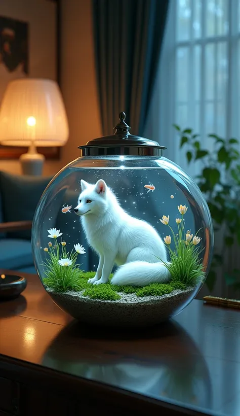 Create an image of a small aquarium placed inside a beautifully decorated room. The aquarium features a single small shrimp swimming gracefully. Inside the aquarium, design a detailed scene inspired by the legend of the white fox spirit. Include elements s...