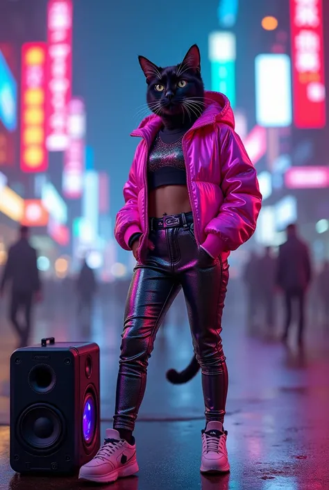  A stylish cat stands confidently in a futuristic , urban environment,  surrounded by the vibrant lights of a neon-drenched city .  She enjoys the music ,  which is decorated with a slim ,  portable speaker next to her ,  while visible sound waves vibrate ...