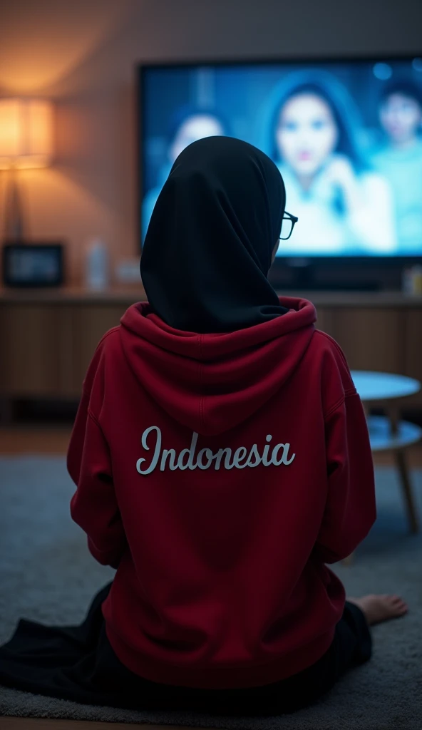 beautiful woman、 dark black color hijab , Indonesia、Her face is cute  、 Vanrak Ayyans performs  、1 girl, Fashion stylish Hoodie,red, and there is writing,Indonesia ,  in the form of 3d sable ,  in front of her Sweater and short sweater strap over the writi...