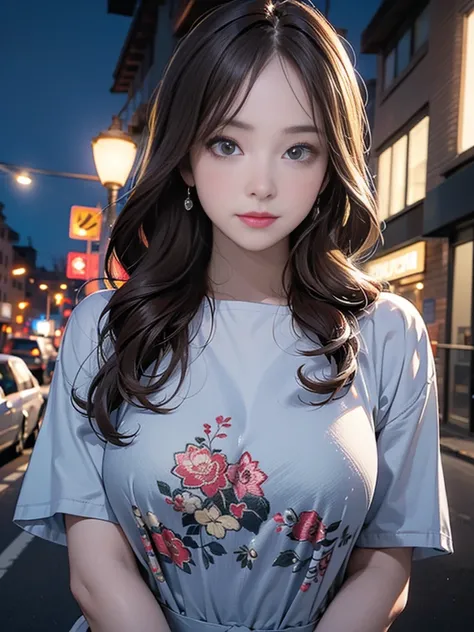 (Best quality, High resolution, Masterpiece :1.3), A pretty woman, Slender figure, Dark brown hair, T-shirt, (Street in city at night), Highly detailed face and skin texture, Detailed eyes, Double eyelid