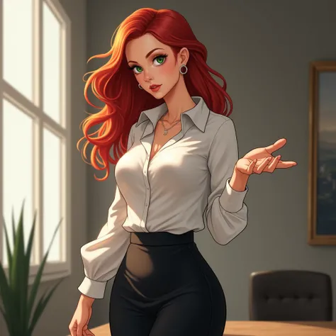 Image of a red-haired woman with green eyes . With an elegant office outfit facing the left side pointing to the right side