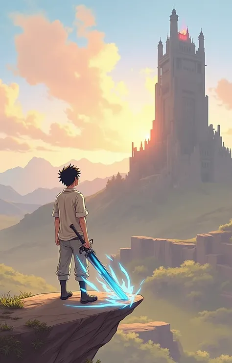  “Anime-style scene ,  depicting a lonely adventurer ,  standing on a rocky cliff and looking at the ancient and mysterious tower of trials rising in the distance that burns red in the tower of 100 floors.  The character is a young man with short black hai...