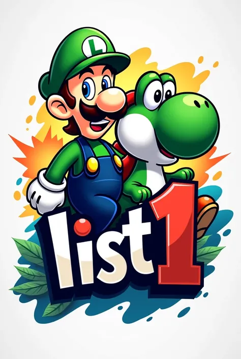 A logo that says list 1 with the characters Luigi and Yoshi, Make it more striking and more things, in Spanish 