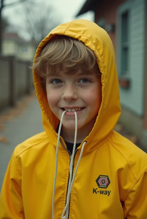 I would like to have a photo of a teenager from the 70s in a yellow k-way with the hood too tight and the hood cord in his mouth