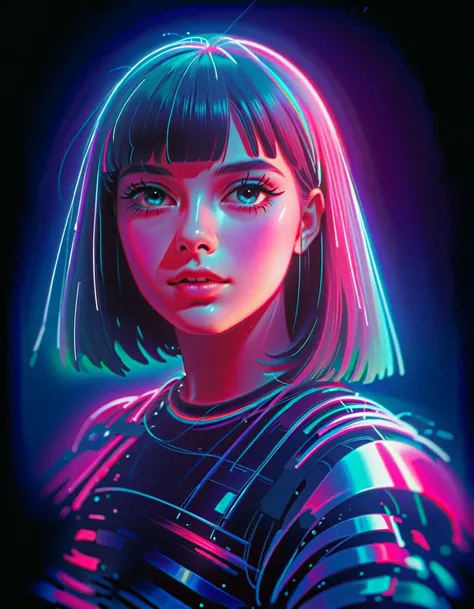 RGB Color Shift, chromatic aberration, RGB Shift, Video Glitch Photo Effect, Color Noise Texture, Video-like noise processing. Romantic Retro Pop Background, vaporwave style. A retro girl with a beautiful face, neat straight bangs arranged horizontally, lo...