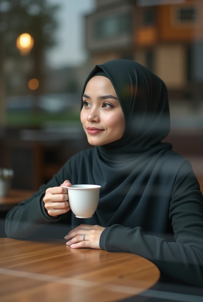 Shot of a beautiful Indonesian girl wearing a smiling hijab, sitting waiting by the window of a café, detailed, holding a small cup filled with coffee. Captured with an 85mm lens to emphasize his calm expression, his reflections blend in with the outside l...