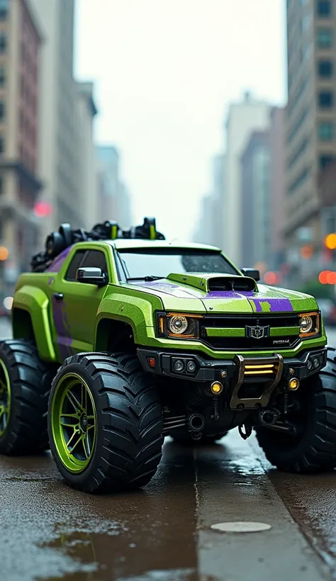 "A futuristic car that is a fusion of Hulk and a Transformer, set in a high-tech city. The car has a rugged, muscular design in green and purple, reflecting Hulks massive strength and wild appearance. The vehicles body features mechanical Transformer-like ...