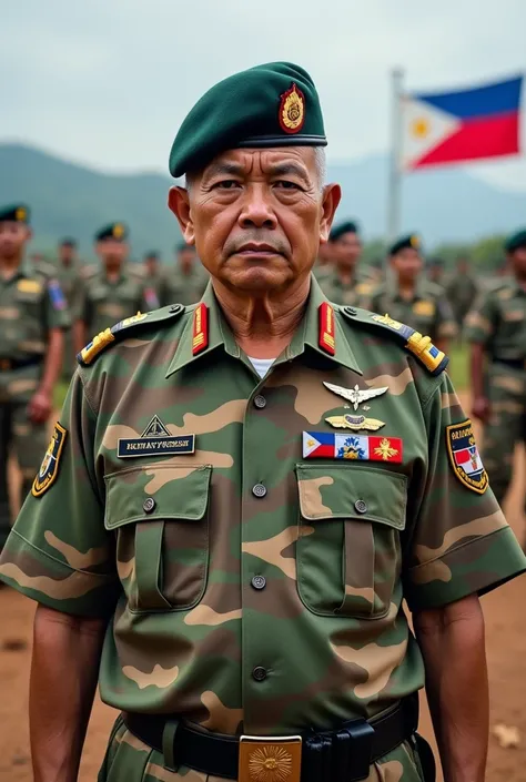 This is a photo of a Philippine man in a military uniform.  He is wearing a camouflage uniform with various patches and insignia, including the word "BATIDUAN" and a rank indicating he is likely a Lieutenant Colonel or a similar rank.  The Philippine army ...