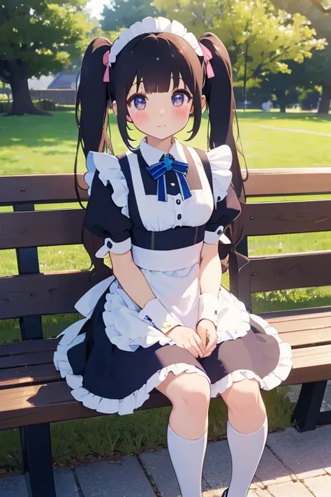  super high image quality 、 Hi-Res、anime、 Beautiful Girl、 one girl 、Maid、
 twin tails、 light blue 、blush、anxiety、bench、sit