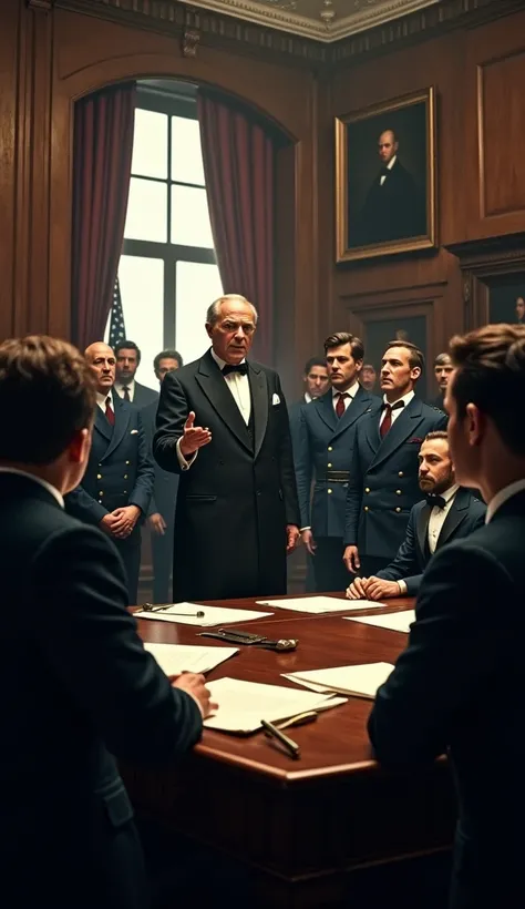 Image Prompt:
A dramatic, cinematic scene set in a late 19th-century government office, with American officials in formal Victorian-era attire, including dark suits, waistcoats, pocket watches, and bowler hats. A few military officers in their uniforms are...