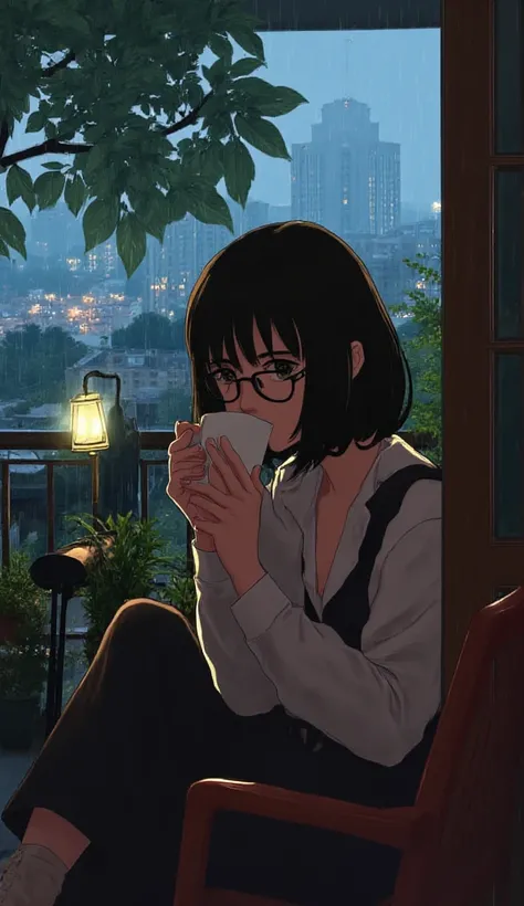 A beautiful woman with short black hair and glasses in her 20s drinking coffee on a rainy balcony.