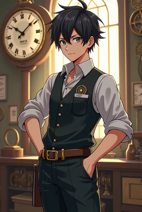 A clockmaker so his outfit can include tools or small details like pocket watch made it like Japanese anime character male