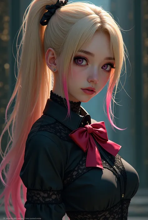 a anime girl with blonde hair and a ponytail with a pink strip on her ponytail and very brown skin and looks like a gothic girl with wearing a senior high school uniform