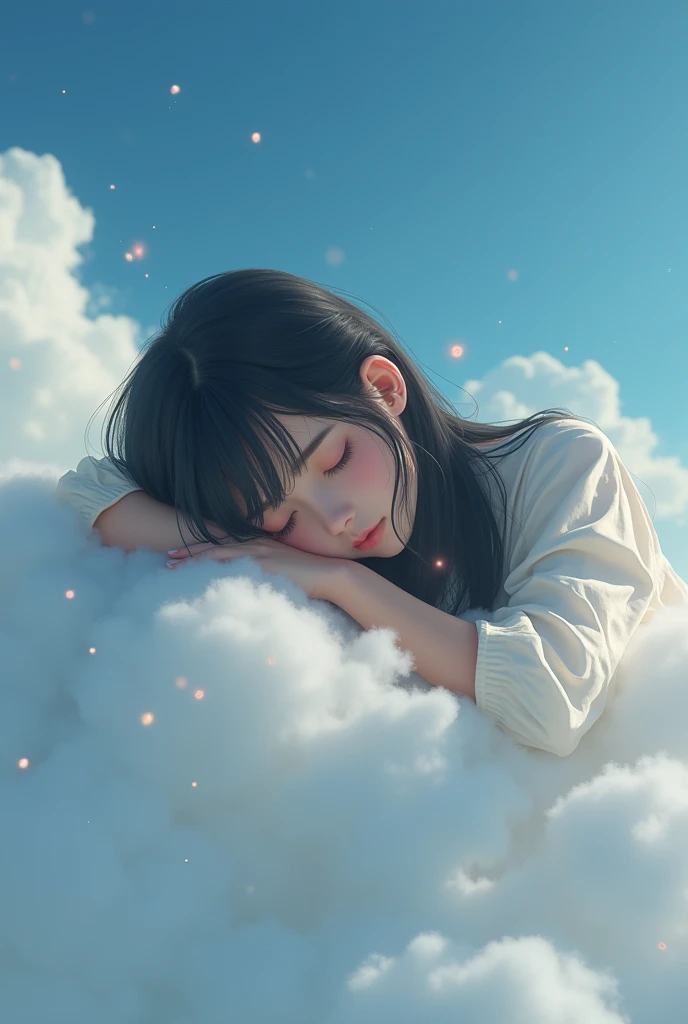 Realistic like a photo, teen girl with depression laying cloud, sleeping ,long black hair, bang, medicine 