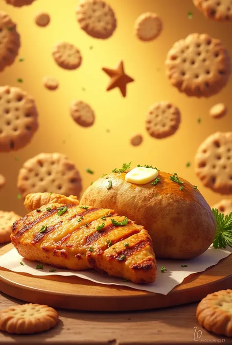 Potato and chicken with cookies background and cooker 