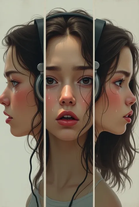 A picture divided into 3 parts in one a girl is crying really  soo much , in 2 a girl in worried about back bitting , in 3 part she is wearing headphone and feeling relaxed also happy  
