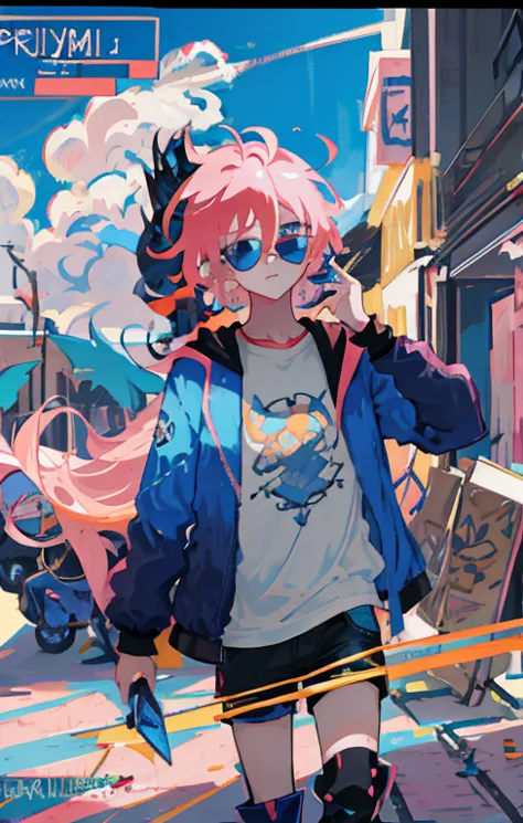 boy with pink hair and blue eyes wearing blue sunglasses,   knight ,terrible anime 8k   ,    best anime 4k kona-chan wallpaper  ...