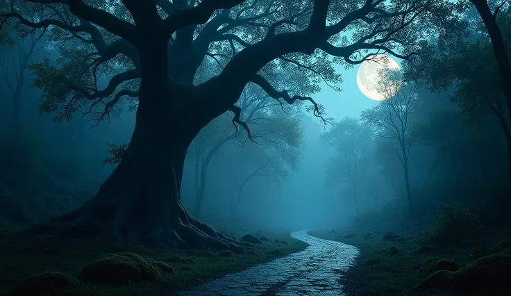 . A dark, eerie path with a large ancient peepal tree in the middle, glowing faintly in moonlight.