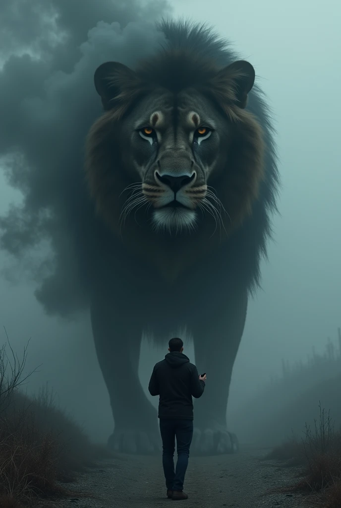  A black lion with fine black smoke coming out of it , Scary looking and passing in front of a man who has been messing with his cell phone carefree walking in a sober place with fog (movie scene), (RAW photography)  hyper realistic and definition of slow ...