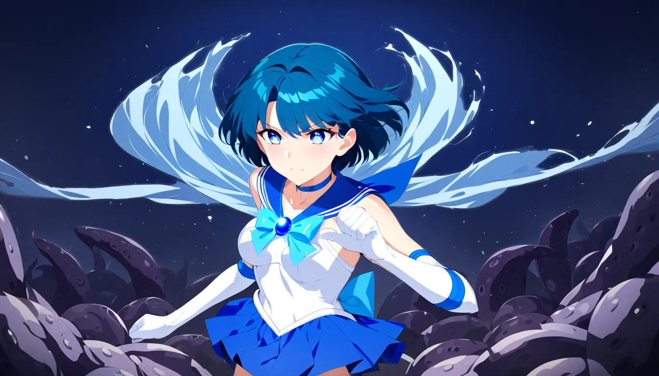 girl masterpiece, best quality, high resolution, best detailed, blue hair, shiny hair, short hair, sailor senshi uniform, blue s...