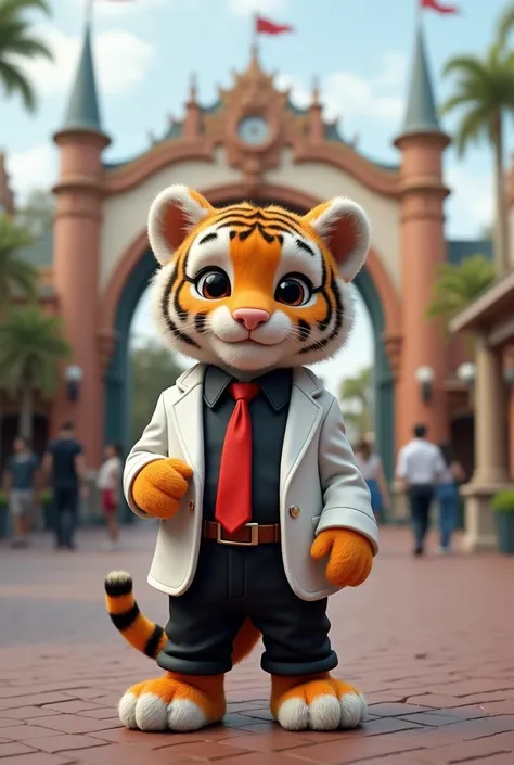  ultra high resolution、Photo realistic、A super cute tiger baby、 A white silk jacket 、Best、pants、Leather shoes、Black dress shirt、Dress with a red tie 。 The background is the entrance to Universal Studios Japan、超Photo realistic