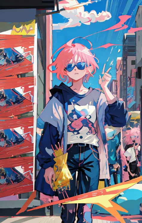 boy with pink hair and blue eyes wearing blue sunglasses,  men  ,terrible anime 8k    ,     best anime 4k kona-chan wallpaper   ...