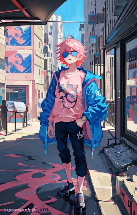 boy with pink hair and blue eyes wearing blue sunglasses,  men  ,terrible anime 8k    ,     best anime 4k kona-chan wallpaper   ...