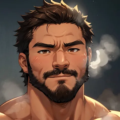  face up 、 bust up、 face close-up、Japanese style、male  、30代のmale 、Muscular、 short hair、 good mood 、 shirtless、Hairy、Brown Skin、 Japanese style、 night 、inflammation、 sweated、 hot、hot、 steam 、stinks