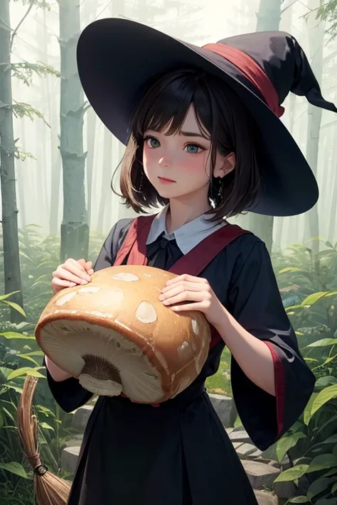 (( best quality)), ((masterpiece)), (  Details),  1 girl,  sexy、A hyper-realistic, giant shiitake mushroom with an impressive, textured brown cap. A young, cute witch in a black dress and pointed hat is gently touching the cap of the mushroom with her deli...